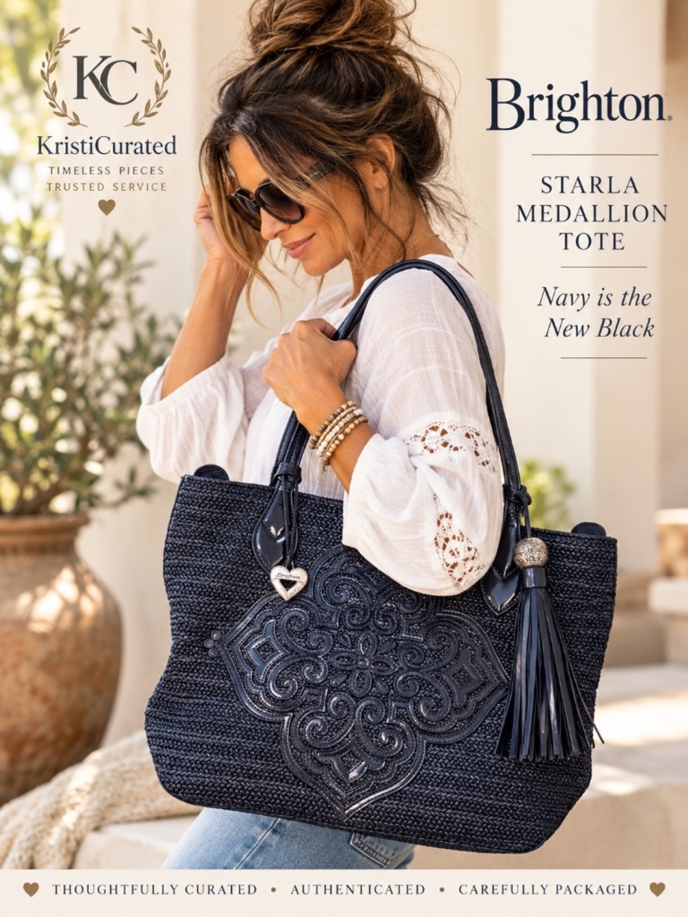 BRIGHTON STARLA MEDALLION TOTE NAVY WOVEN LEATHER ARABESQUE HANDBAG